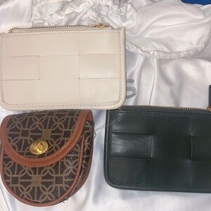 3 small wallets, new never used, one is cream color, other dark green, brown